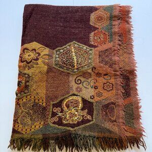 Vintage Global Ethnic Beaded Wool Shawl Burgundy Embroidered Patchwork Fringe